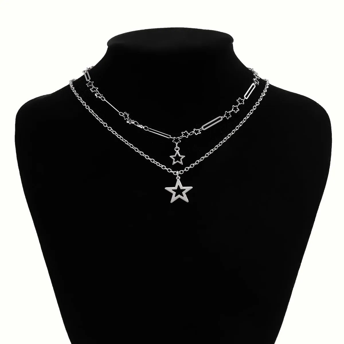 Trendy Layered Hollow Star Pendant Cable Chain Necklace Set