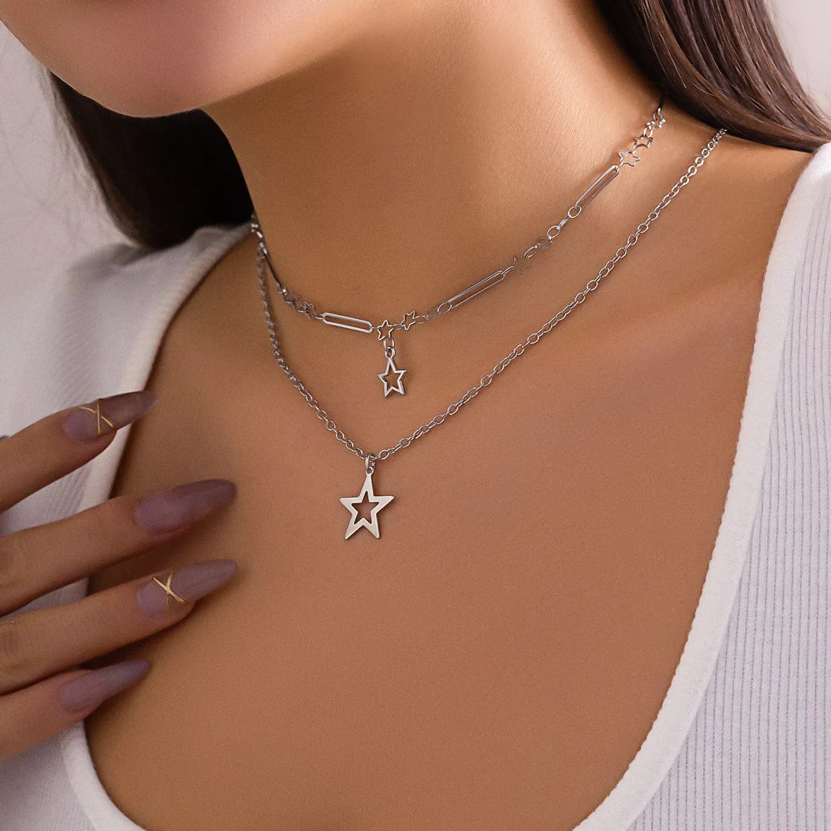 Trendy Layered Hollow Star Pendant Cable Chain Necklace Set