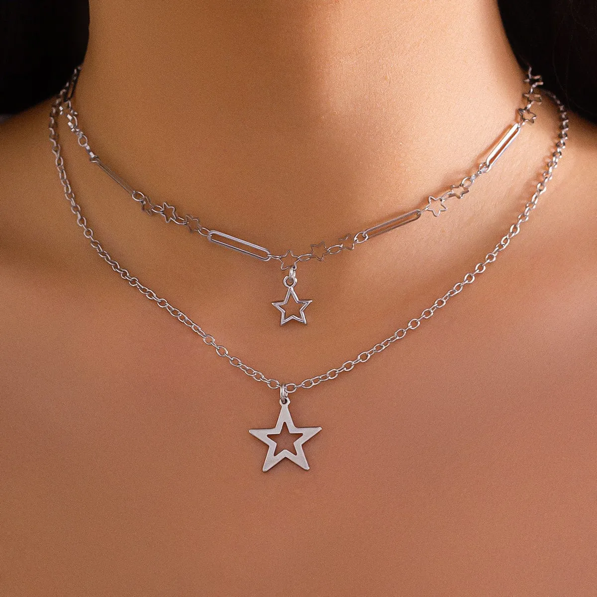 Trendy Layered Hollow Star Pendant Cable Chain Necklace Set