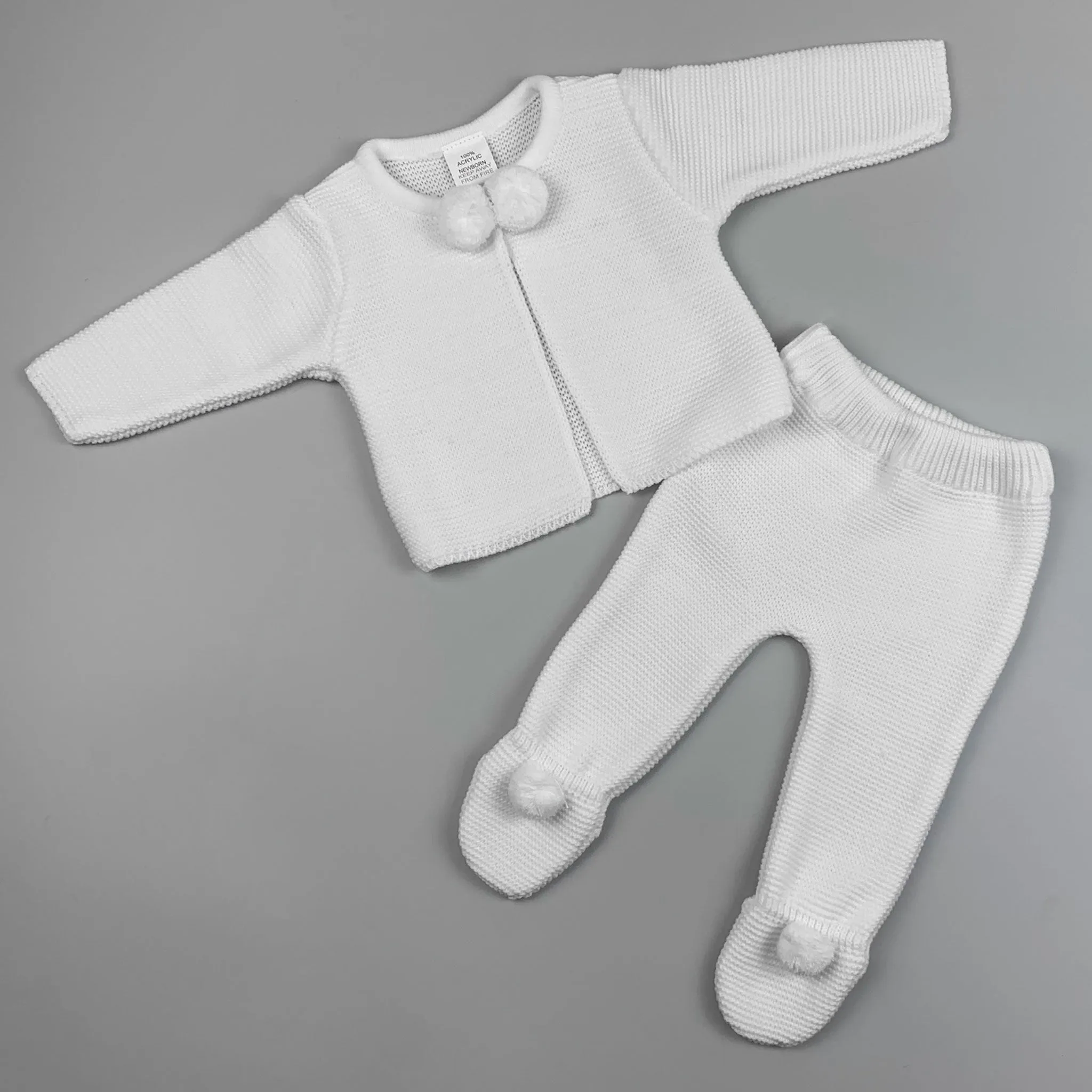 Unisex 2 Piece Knitted Baby Outfit - Trousers & Jacket - White