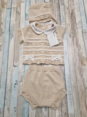 Unisex Baby Beige And White 3 Piece Knitted Set