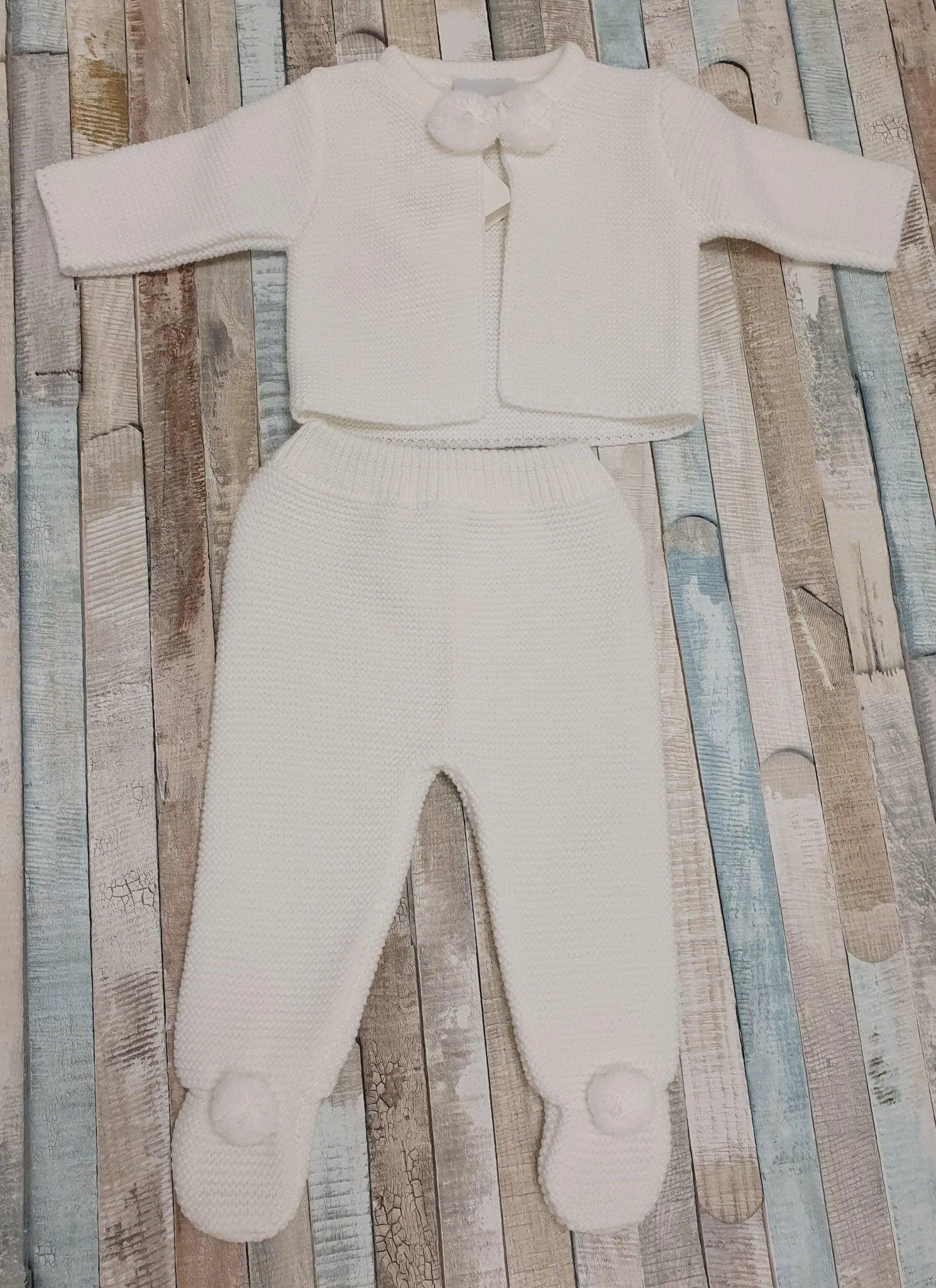 Unisex Baby White Knitted Pom Pom Set