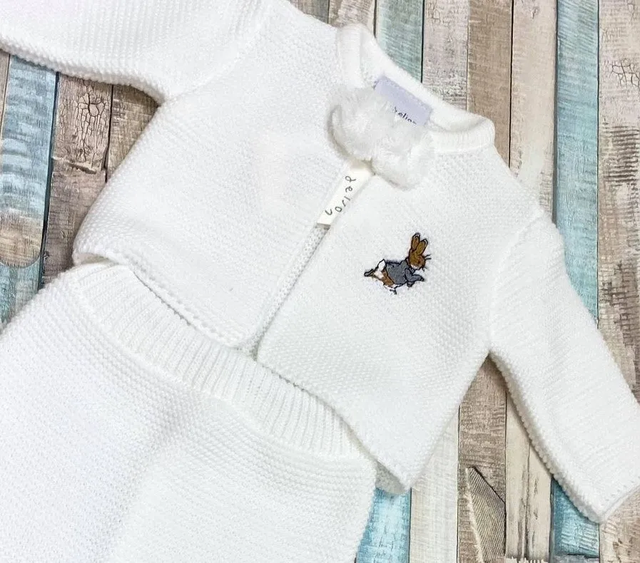 Unisex Baby White Knitted Pom Set With Embroidered Rabbit Design