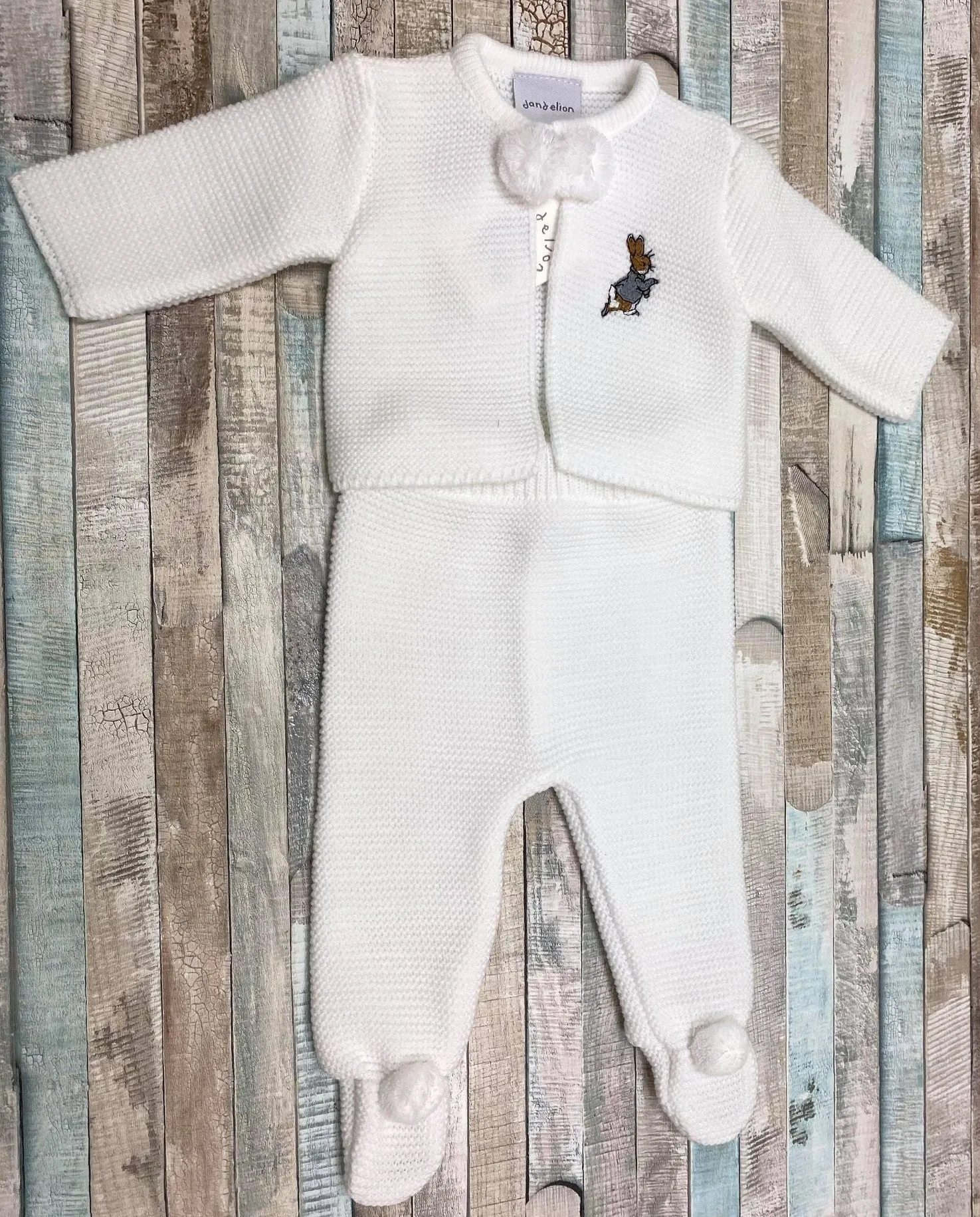 Unisex Baby White Knitted Pom Set With Embroidered Rabbit Design