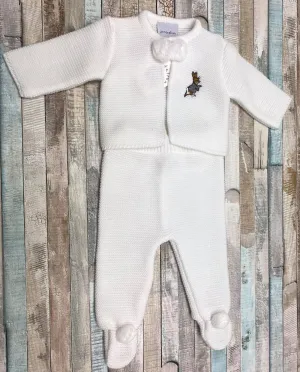 Unisex Baby White Knitted Pom Set With Embroidered Rabbit Design
