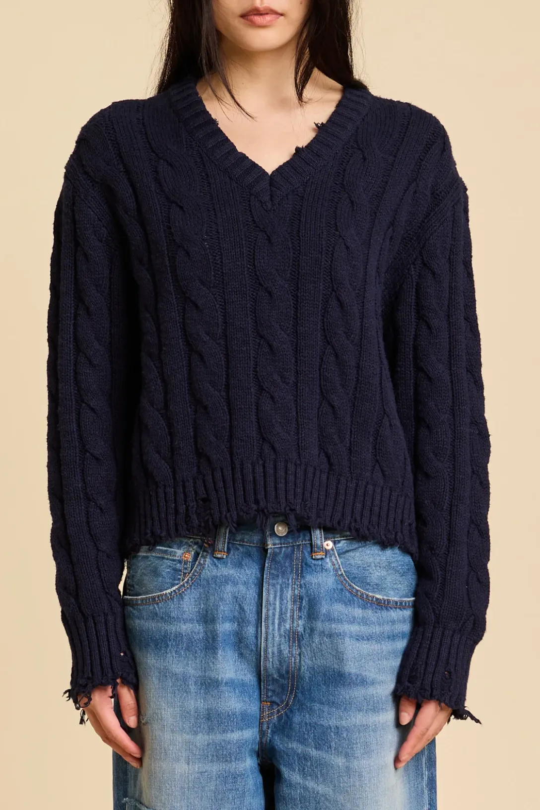 V Neck Cable Sweater | Navy