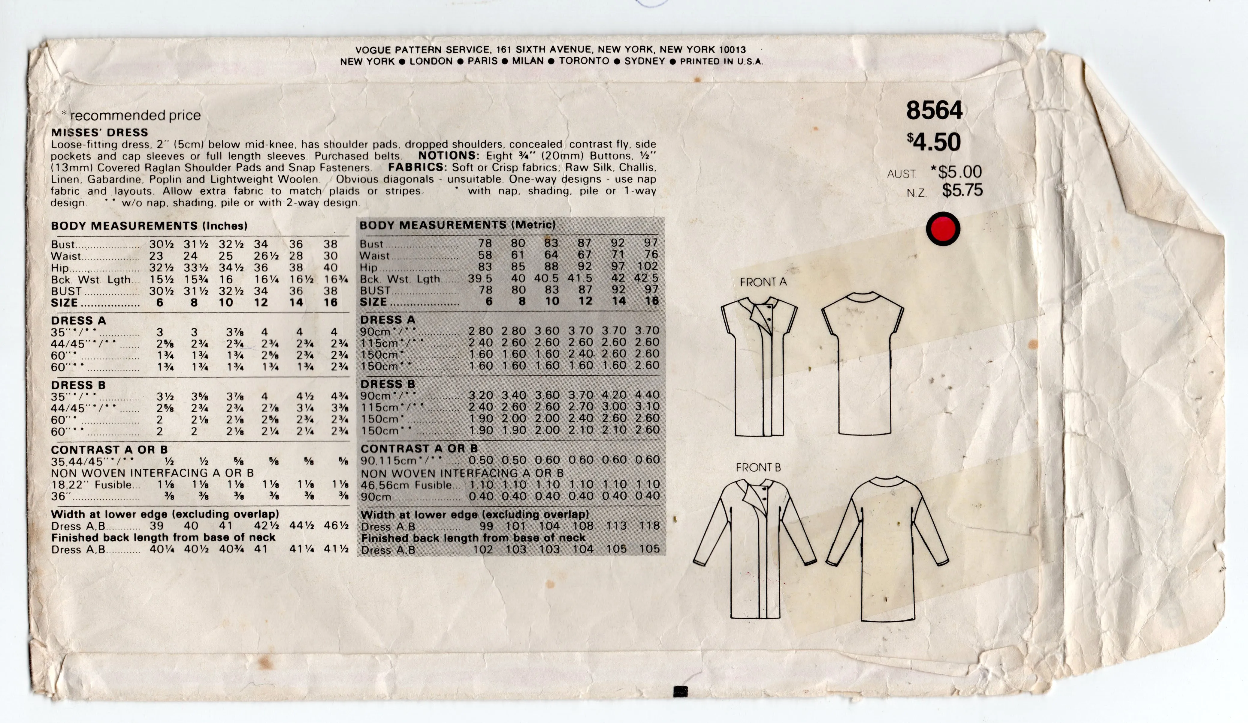 Very Easy Vogue 8564 Womens Asymmetric Straight Dress with Pockets 1980s Vintage Sewing Pattern Size 12 Bust 34 inches