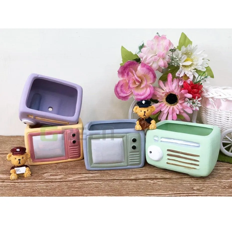 Vintage TV  Radio Themed Plant Pots