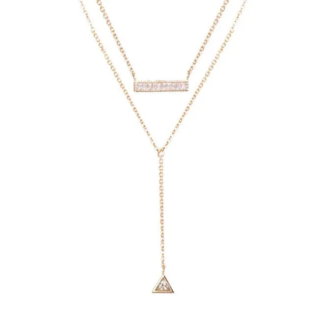 Vita Gold Lariat Necklace with Geometric Pendant and Clear Bar Charm