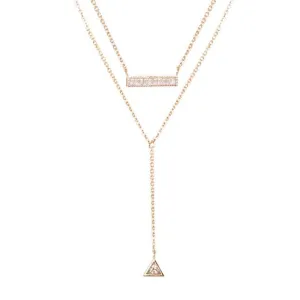 Vita Gold Lariat Necklace with Geometric Pendant and Clear Bar Charm