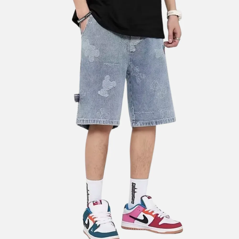 Washed Cartoon Print Denim Shorts