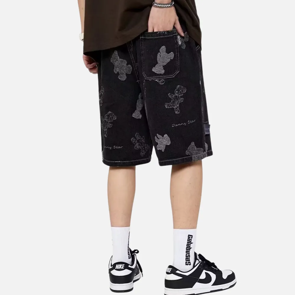 Washed Cartoon Print Denim Shorts