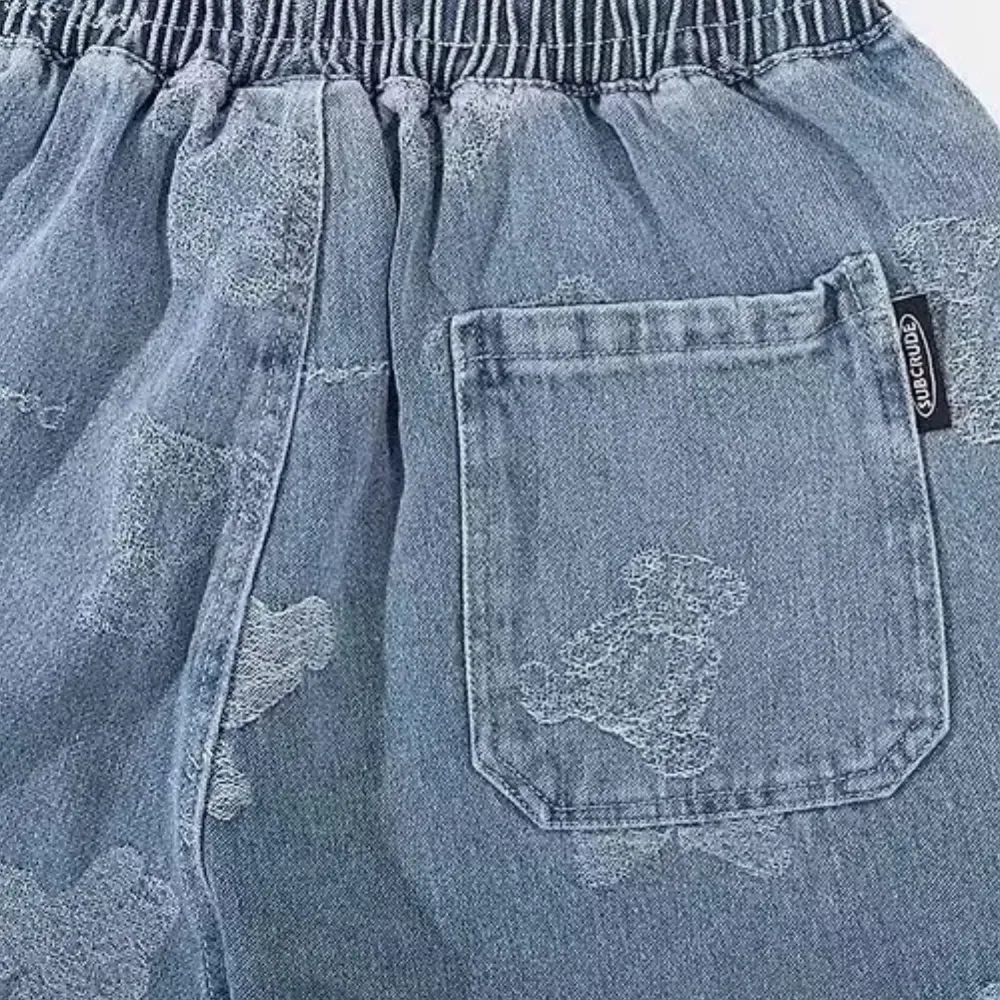 Washed Cartoon Print Denim Shorts