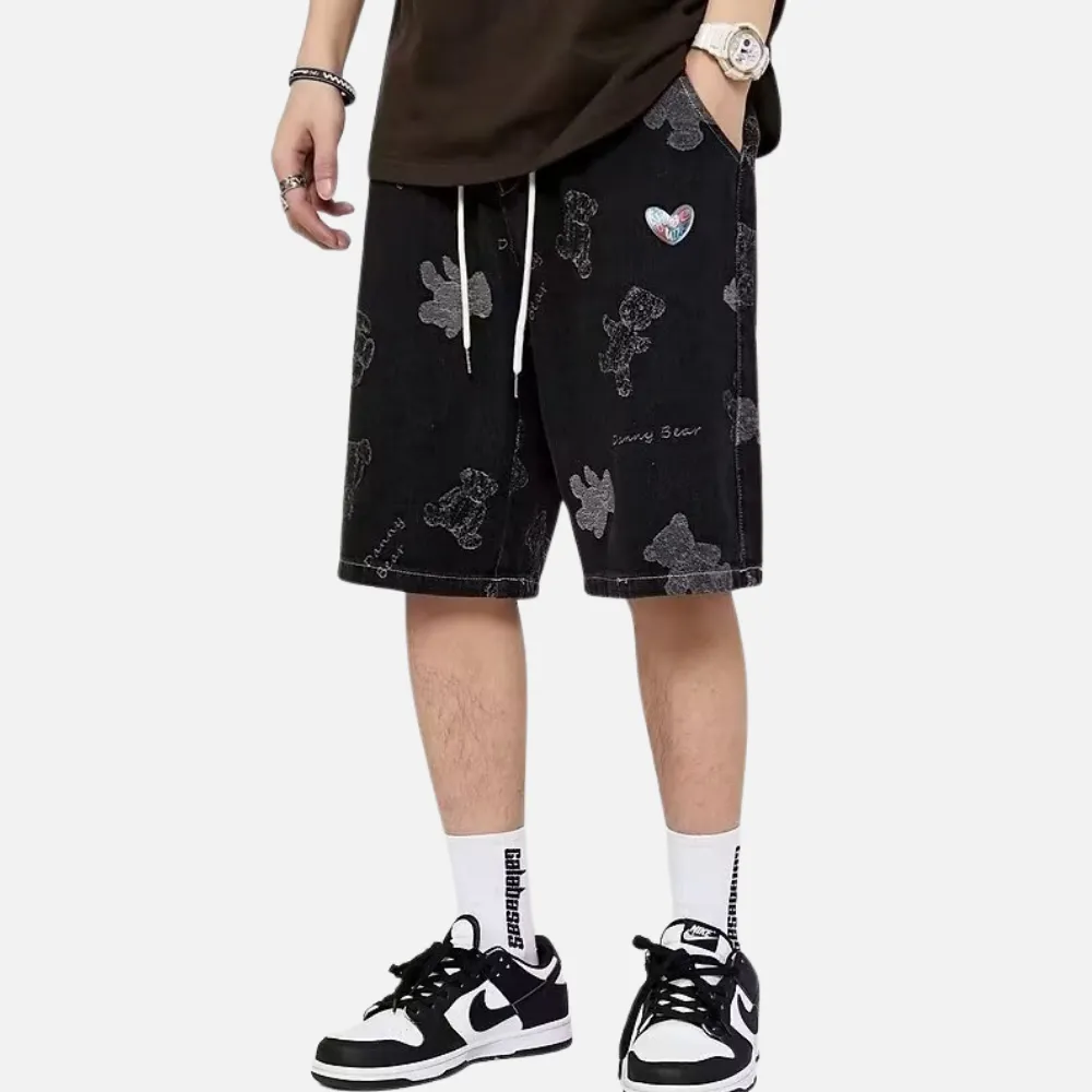 Washed Cartoon Print Denim Shorts