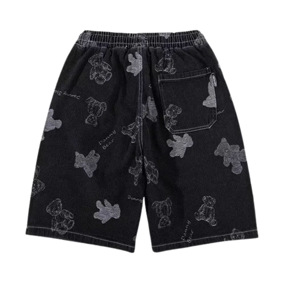Washed Cartoon Print Denim Shorts
