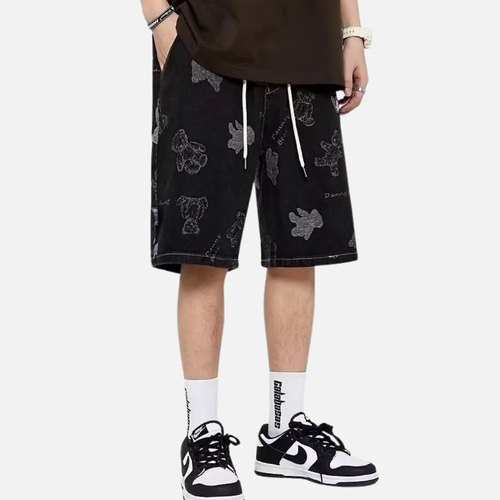 Washed Cartoon Print Denim Shorts