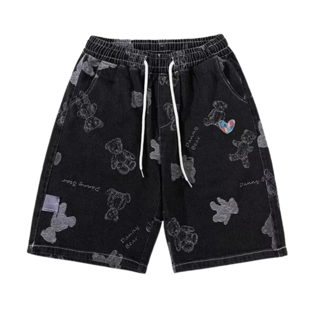 Washed Cartoon Print Denim Shorts