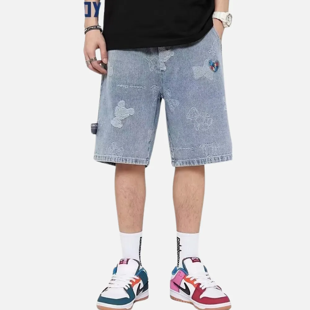Washed Cartoon Print Denim Shorts