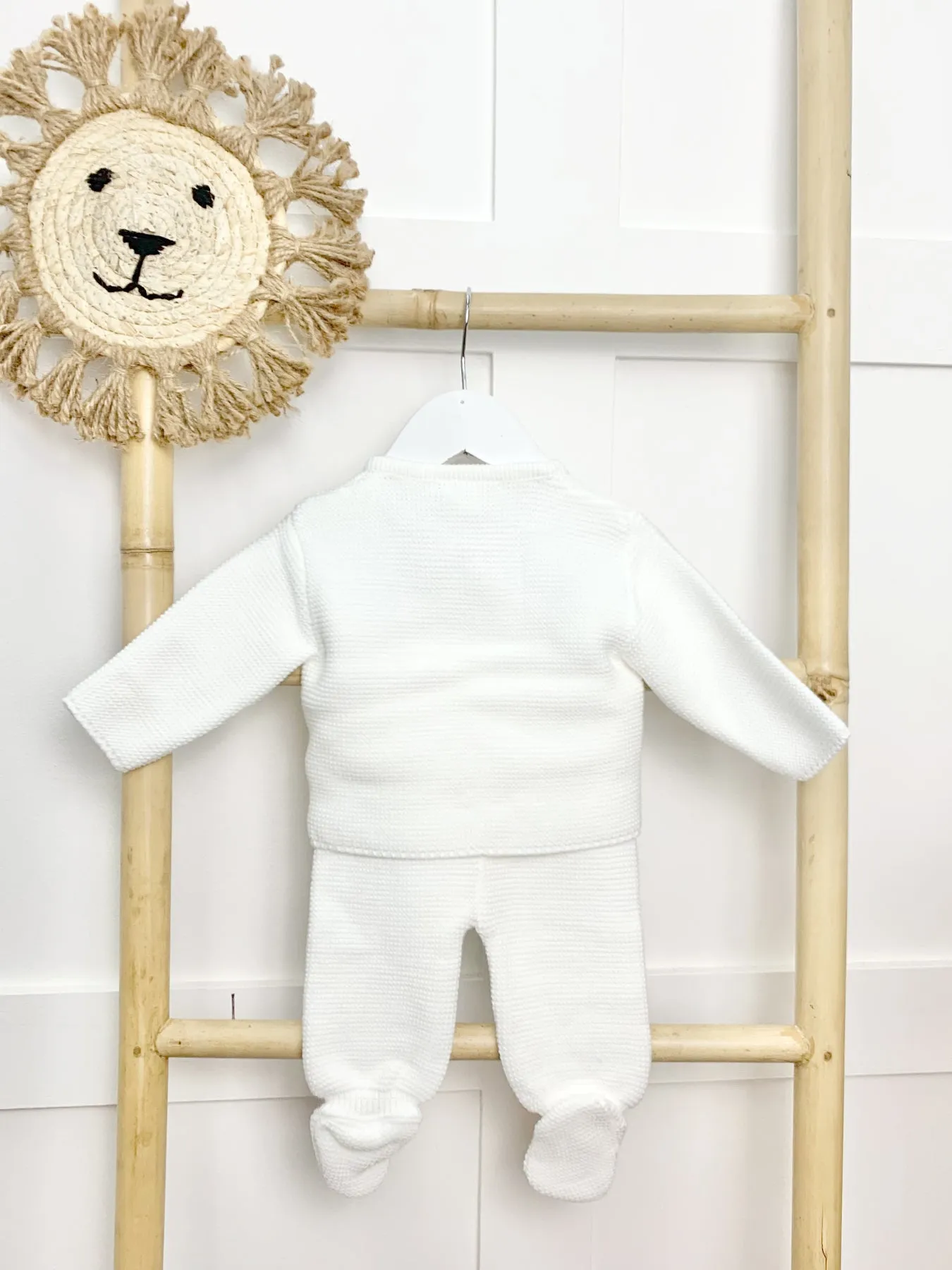 White Knitted Pom Pom Jacket and Trousers Set