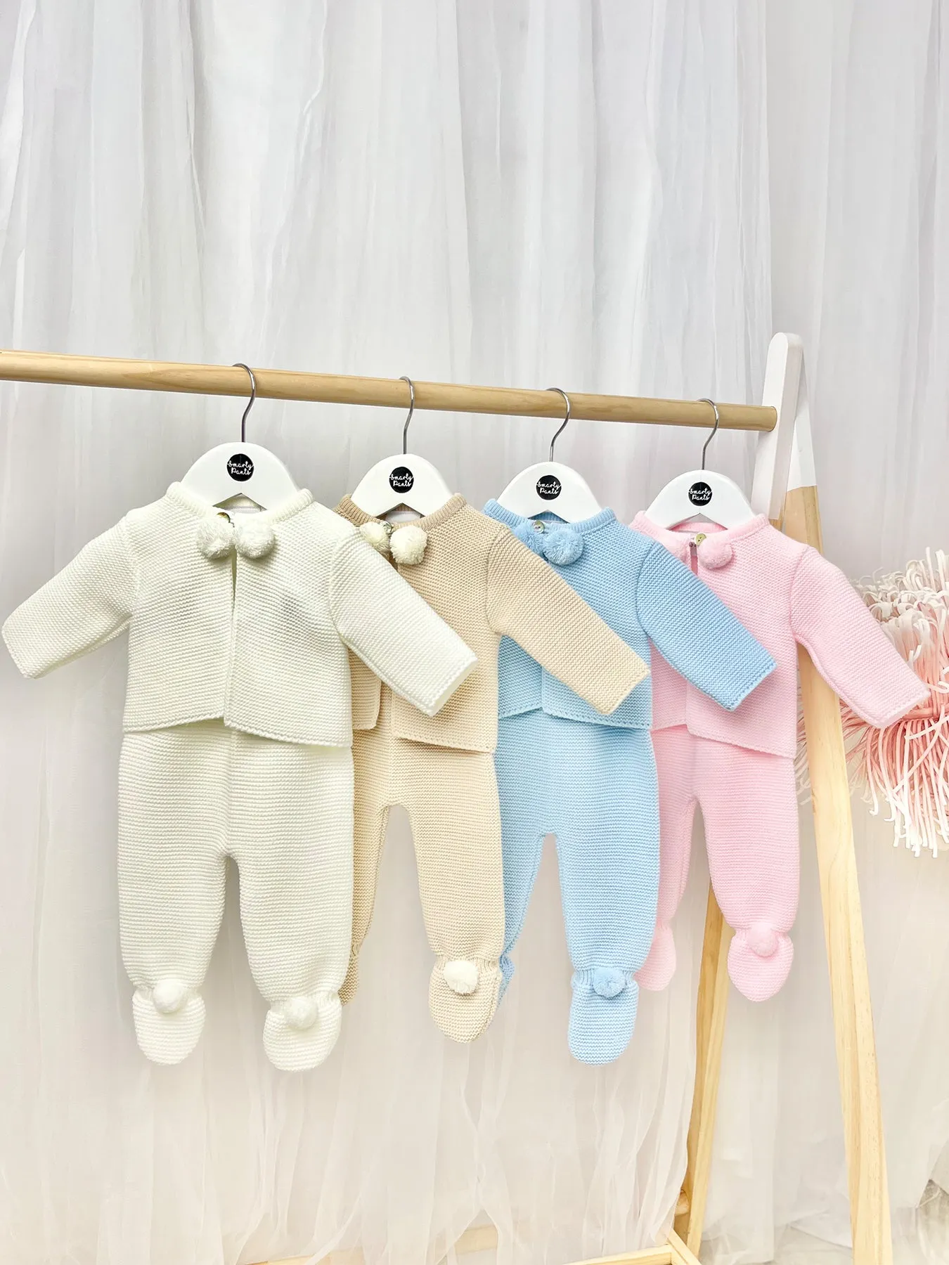 White Knitted Pom Pom Jacket and Trousers Set