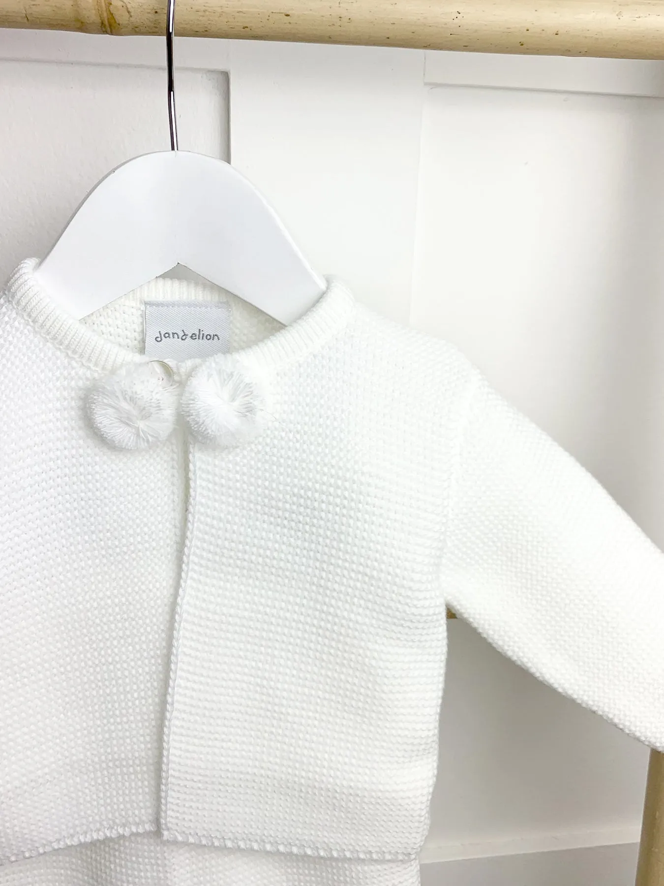 White Knitted Pom Pom Jacket and Trousers Set