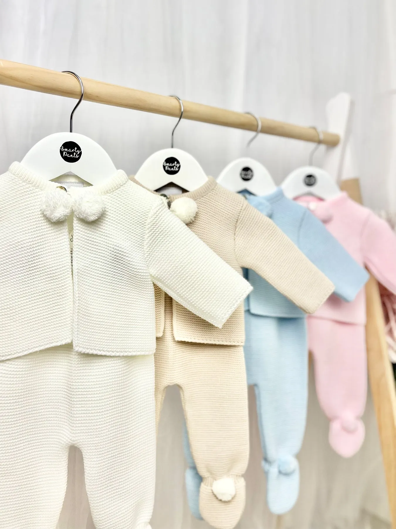 White Knitted Pom Pom Jacket and Trousers Set
