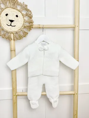 White Knitted Pom Pom Jacket and Trousers Set