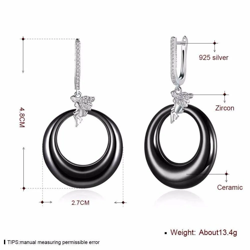 Women’s 925 Sterling Silver Drop Earrings with Angel Black Round Ceramic Dangler, Trendy Jewelry for Females