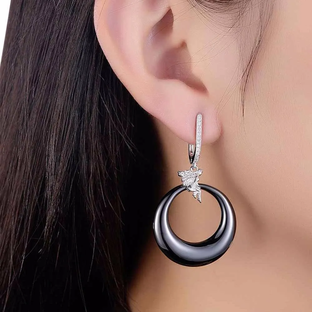 Women’s 925 Sterling Silver Drop Earrings with Angel Black Round Ceramic Dangler, Trendy Jewelry for Females