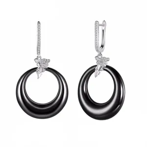 Women’s 925 Sterling Silver Drop Earrings with Angel Black Round Ceramic Dangler, Trendy Jewelry for Females