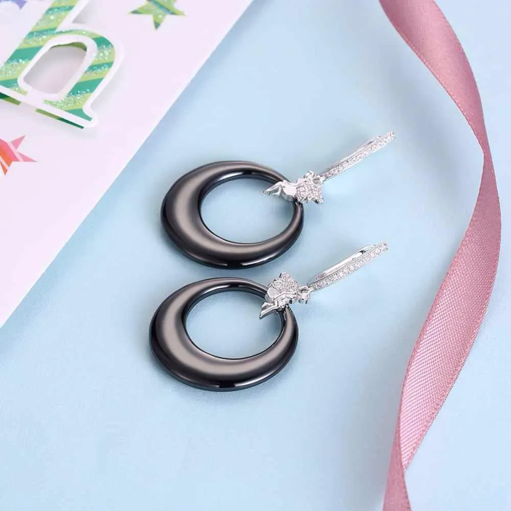 Women’s 925 Sterling Silver Drop Earrings with Angel Black Round Ceramic Dangler, Trendy Jewelry for Females