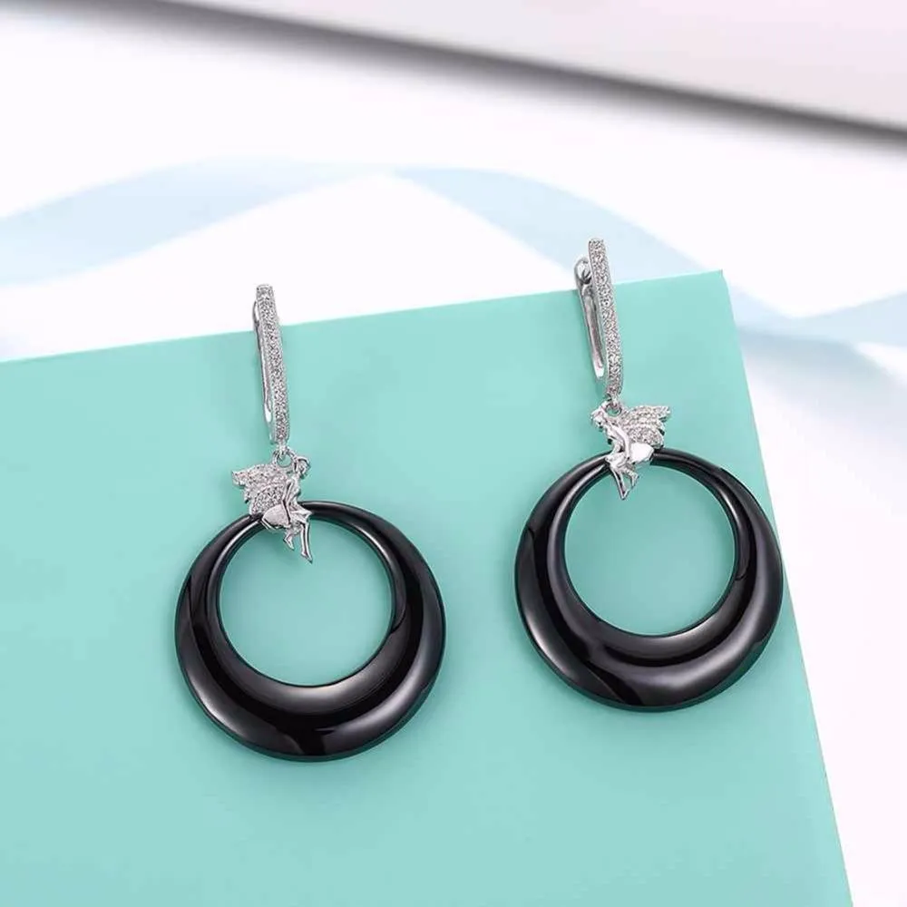 Women’s 925 Sterling Silver Drop Earrings with Angel Black Round Ceramic Dangler, Trendy Jewelry for Females