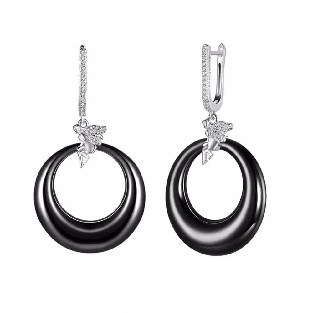 Women’s 925 Sterling Silver Drop Earrings with Angel Black Round Ceramic Dangler, Trendy Jewelry for Females