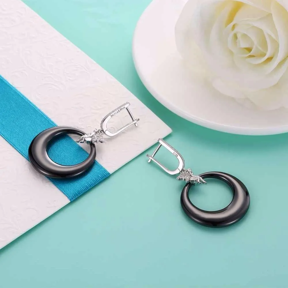 Women’s 925 Sterling Silver Drop Earrings with Angel Black Round Ceramic Dangler, Trendy Jewelry for Females