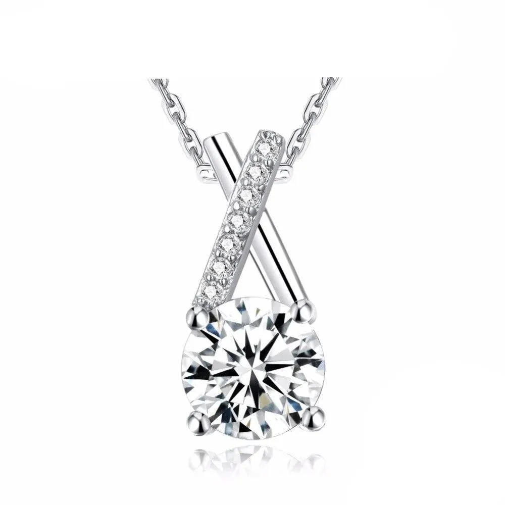 Women’s 925 Sterling Silver Necklace with Round Cubic Zirconia, Cross Design Fashion Pendant Necklace, Trendy Jewelry