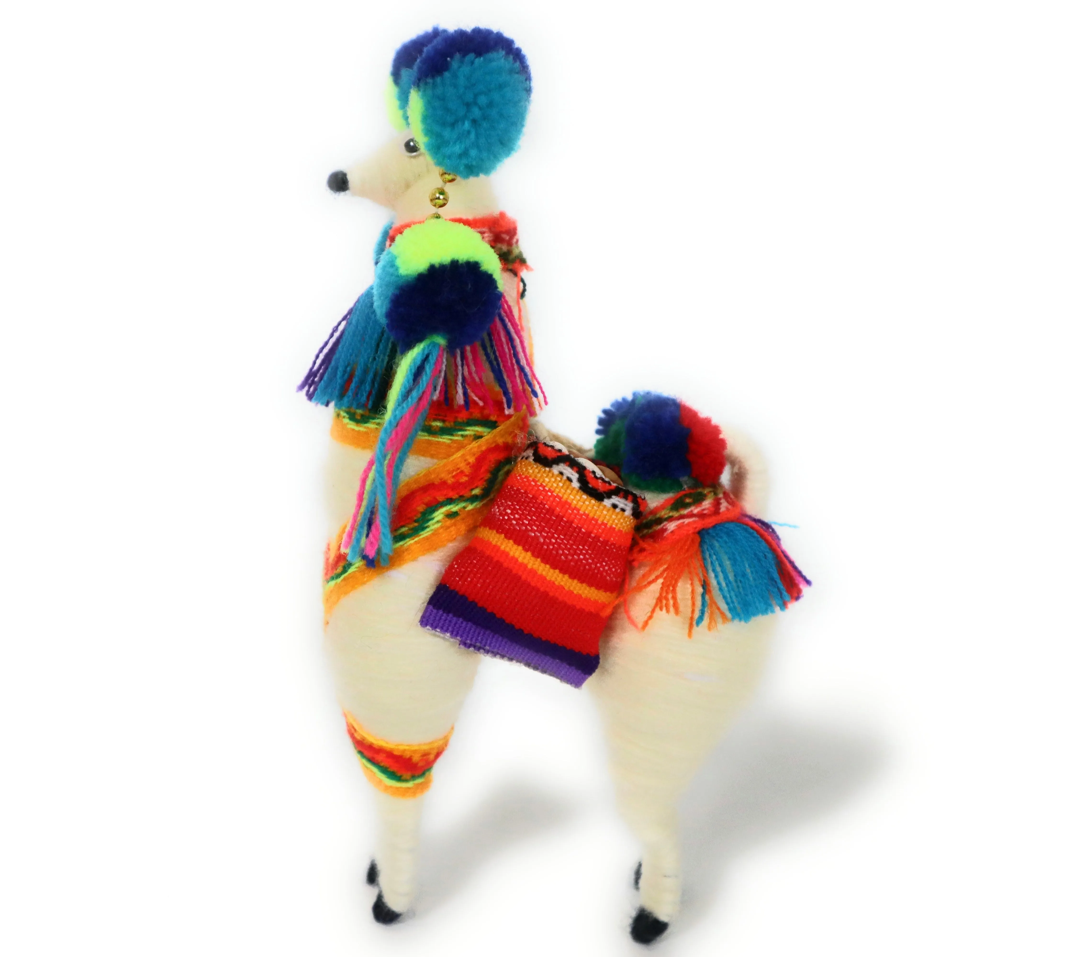 Wool Multicolor Llama Figurine. Peruvian Folk Art. 7.5" Tall