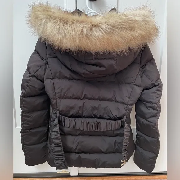 Zara small black down belted puffer jacket coat with faux fur detachable hood